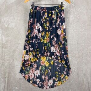 Xhilaration Skirt S Navy Blue Pleated High Low Elastic Waist Boho Dark Floral